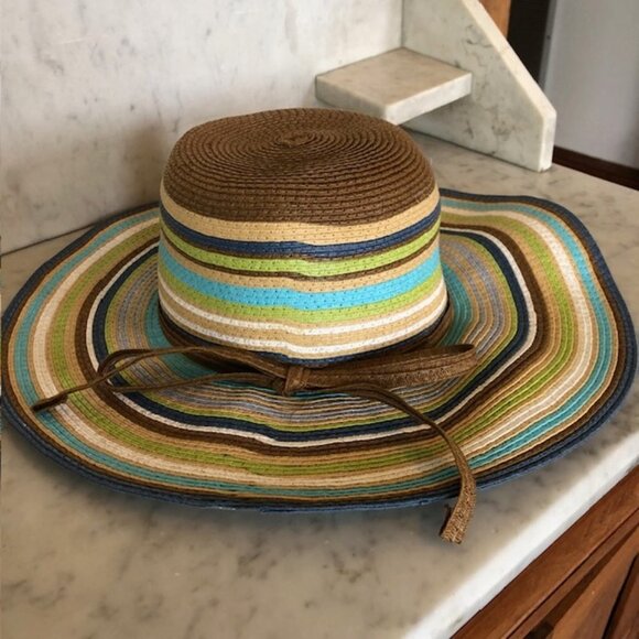 CYNTHIA ROWLEY Striped Straw Floppy Hat Blue Brown Green One Size - Picture 11 of 16